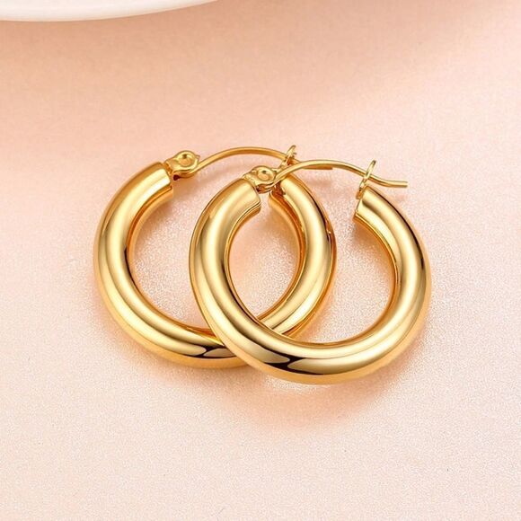 Chunky 18k Gold-Filled Solid Hoop Earrings 💖 - Picture 2 of 8